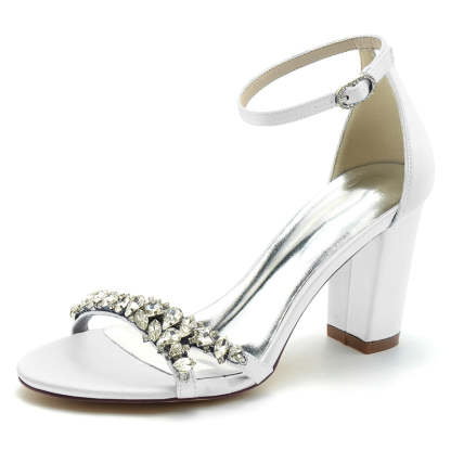 Bridal Shoes for Women with Rhinestone Strap Buckle Open Toe and Block Heel