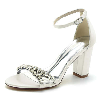 Bridal Shoes for Women with Rhinestone Strap Buckle Open Toe and Block Heel