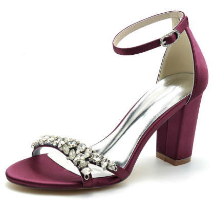 Bridal Shoes for Women with Rhinestone Strap Buckle Open Toe and Block Heel