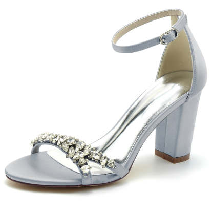Bridal Shoes for Women with Rhinestone Strap Buckle Open Toe and Block Heel