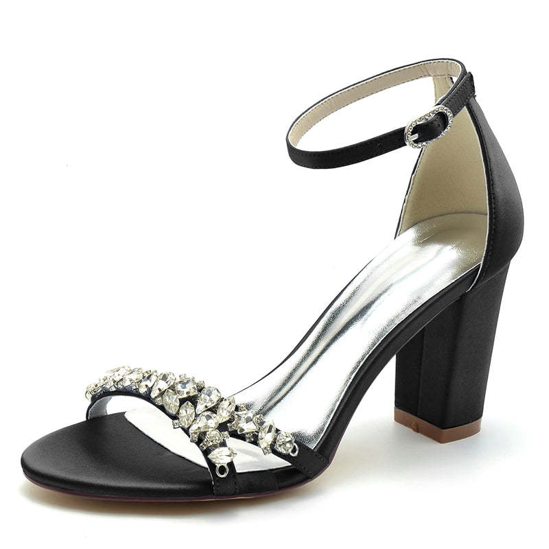 Bridal Shoes for Women with Rhinestone Strap Buckle Open Toe and Block Heel