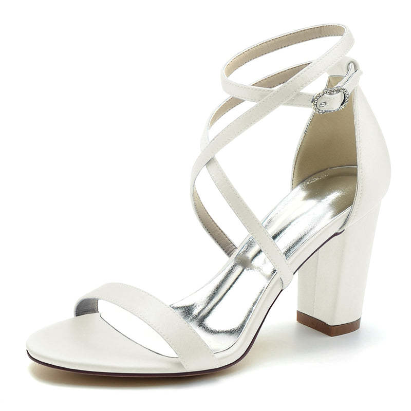 Chic Open-Toe Bridal Shoes for Women with Crossed Straps and Chunky Heel