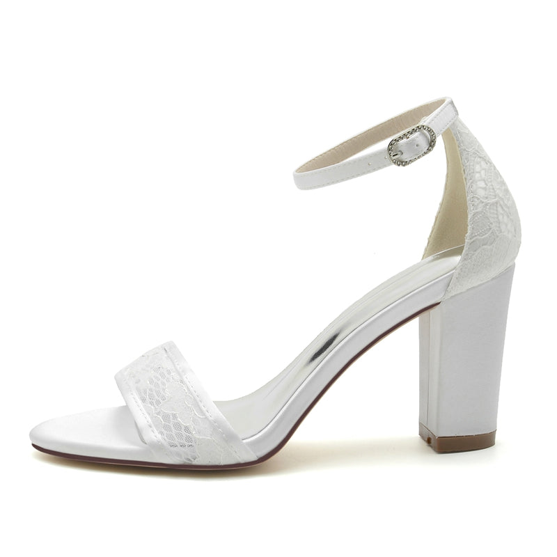 Exquisite Black Bridal Shoes for Women with Chunky Heel Open Toe and Lace Buckle