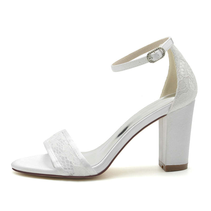 Exquisite Black Bridal Shoes for Women with Chunky Heel Open Toe and Lace Buckle