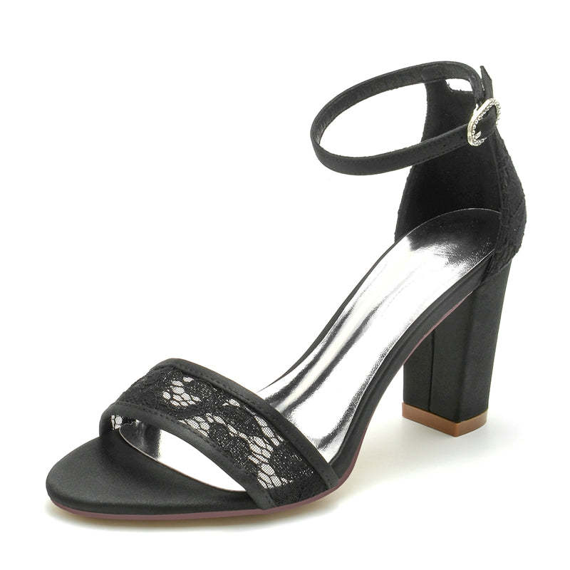 Exquisite Black Bridal Shoes for Women with Chunky Heel Open Toe and Lace Buckle