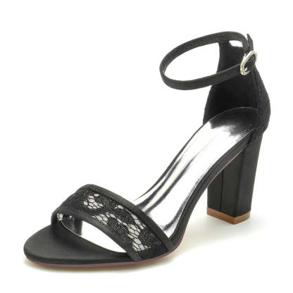 Exquisite Black Bridal Shoes for Women with Chunky Heel Open Toe and Lace Buckle