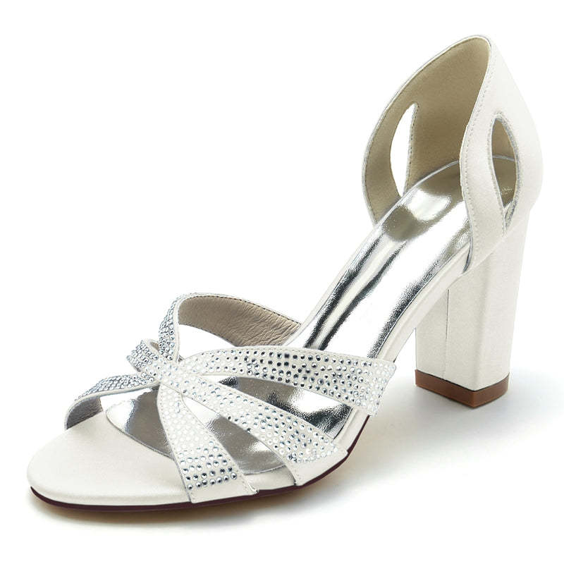Classic Bridal Shoes for Women with Peep Toe High Heel and Crystal Cross Straps