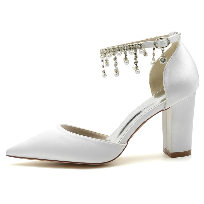 Elegant Bridal Shoes for Women with Pointed Toe Block Heel and Pearl Tassels