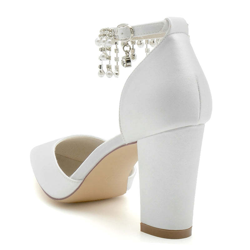 Elegant Bridal Shoes for Women with Pointed Toe Block Heel and Pearl Tassels