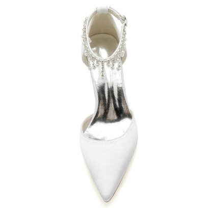 Elegant Bridal Shoes for Women with Pointed Toe Block Heel and Pearl Tassels