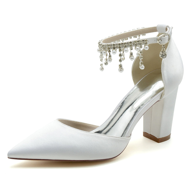 Elegant Bridal Shoes for Women with Pointed Toe Block Heel and Pearl Tassels