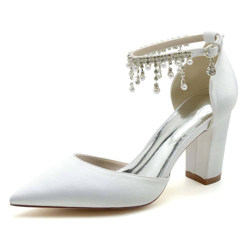 Elegant Bridal Shoes for Women with Pointed Toe Block Heel and Pearl Tassels