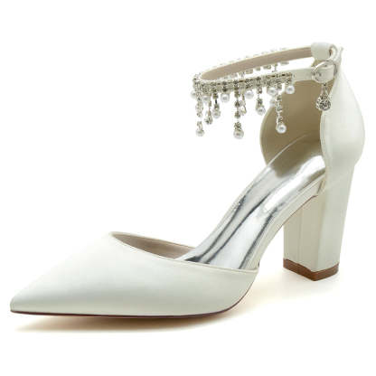 Elegant Bridal Shoes for Women with Pointed Toe Block Heel and Pearl Tassels