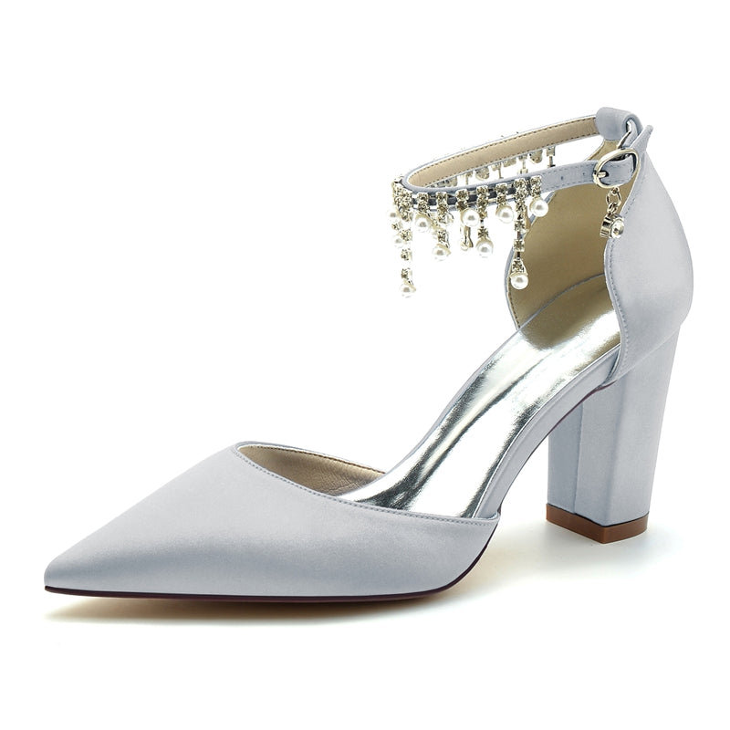 Elegant Bridal Shoes for Women with Pointed Toe Block Heel and Pearl Tassels