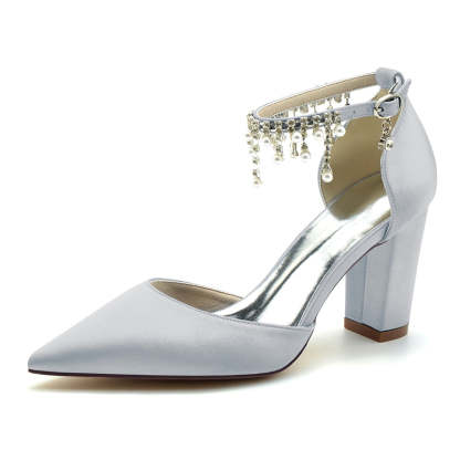 Elegant Bridal Shoes for Women with Pointed Toe Block Heel and Pearl Tassels