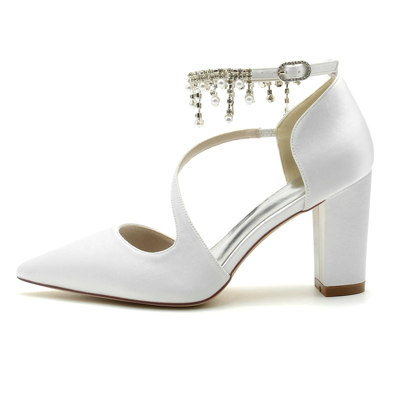 Bridal Shoes for Women with Pointed Toe Crossed Strap Buckle and Pearl Tassels