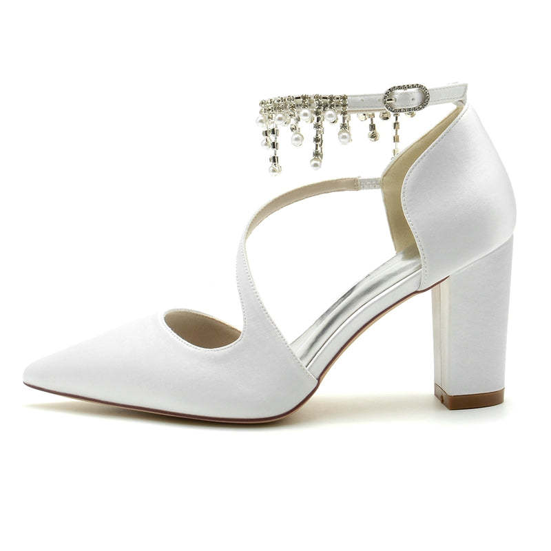 Bridal Shoes for Women with Pointed Toe Crossed Strap Buckle and Pearl Tassels