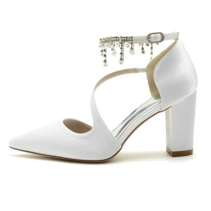 Bridal Shoes for Women with Pointed Toe Crossed Strap Buckle and Pearl Tassels