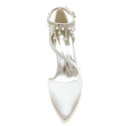 Bridal Shoes for Women with Pointed Toe Crossed Strap Buckle and Pearl Tassels