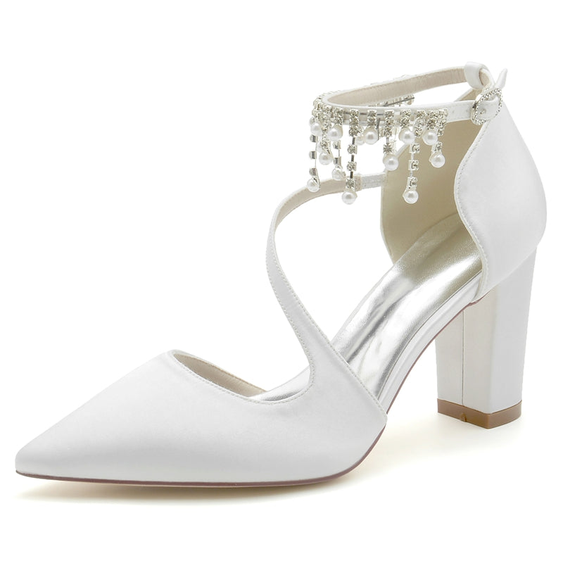 Bridal Shoes for Women with Pointed Toe Crossed Strap Buckle and Pearl Tassels