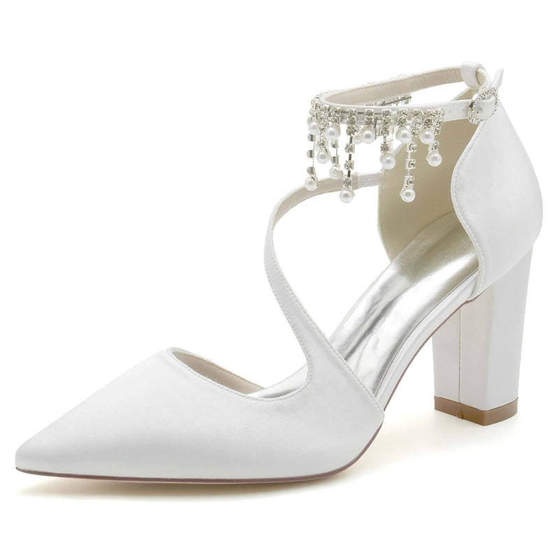 Bridal Shoes for Women with Pointed Toe Crossed Strap Buckle and Pearl Tassels