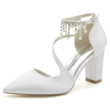 Bridal Shoes for Women with Pointed Toe Crossed Strap Buckle and Pearl Tassels