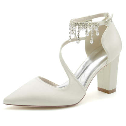 Bridal Shoes for Women with Pointed Toe Crossed Strap Buckle and Pearl Tassels
