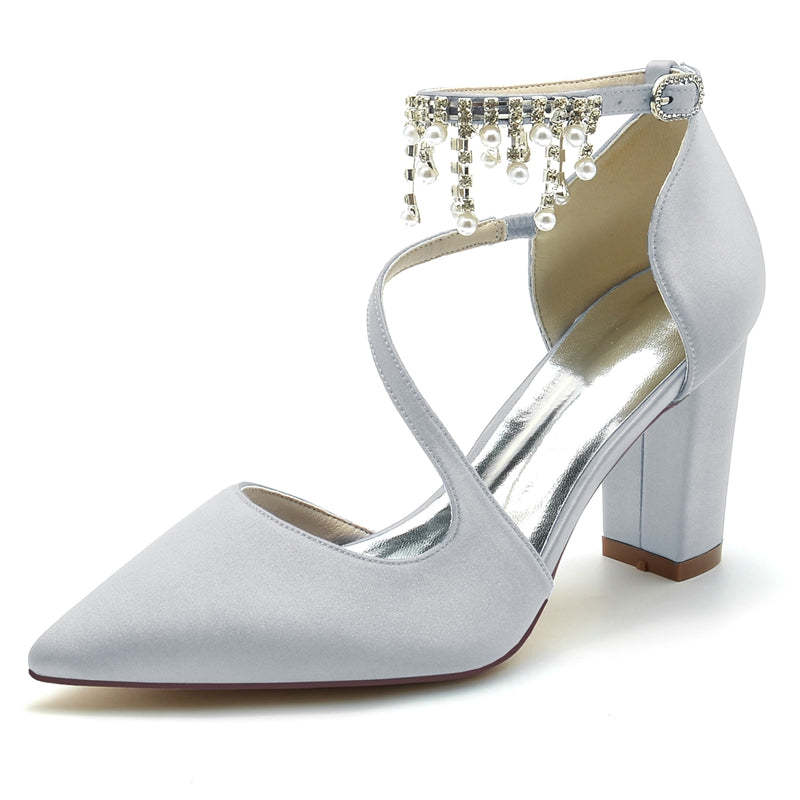 Bridal Shoes for Women with Pointed Toe Crossed Strap Buckle and Pearl Tassels