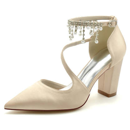 Bridal Shoes for Women with Pointed Toe Crossed Strap Buckle and Pearl Tassels