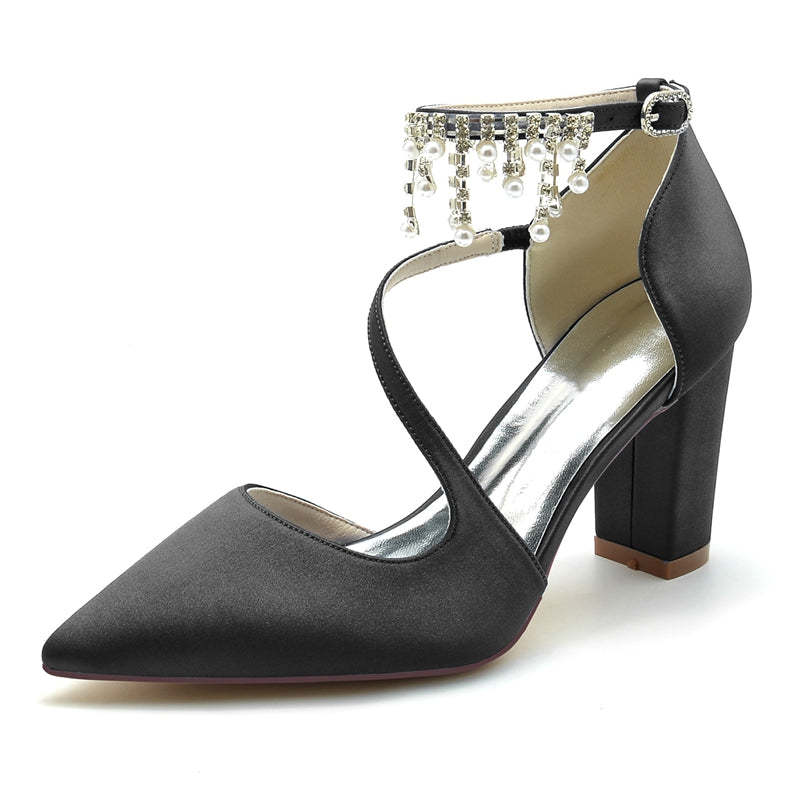 Bridal Shoes for Women with Pointed Toe Crossed Strap Buckle and Pearl Tassels