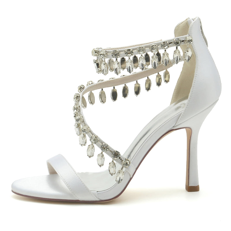Bridal Shoes for Women with Open Toe Crossed Straps and Rhinestone Buckle Pendants