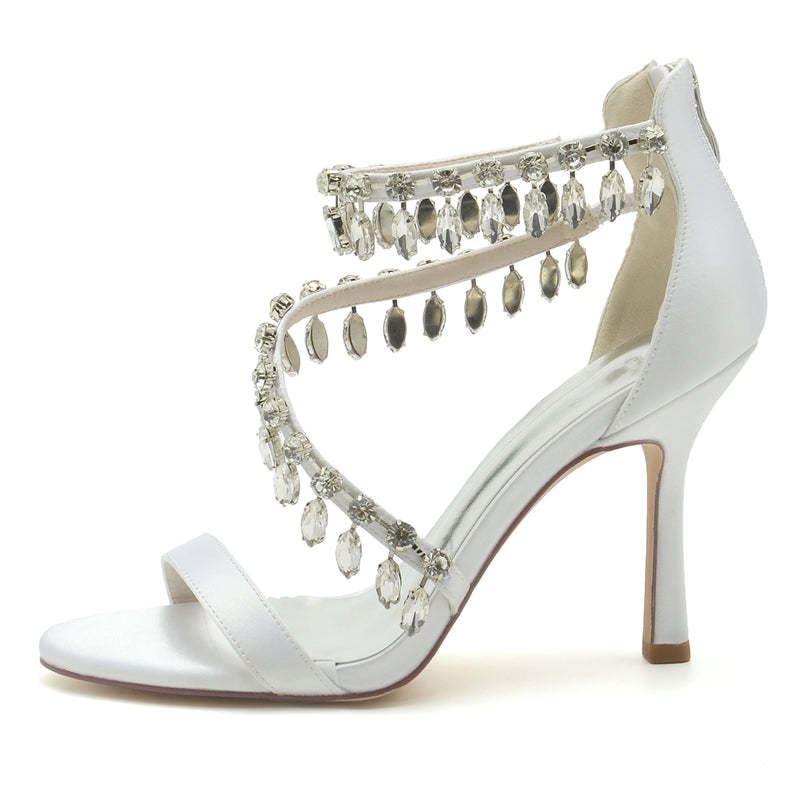 Bridal Shoes for Women with Open Toe Crossed Straps and Rhinestone Buckle Pendants