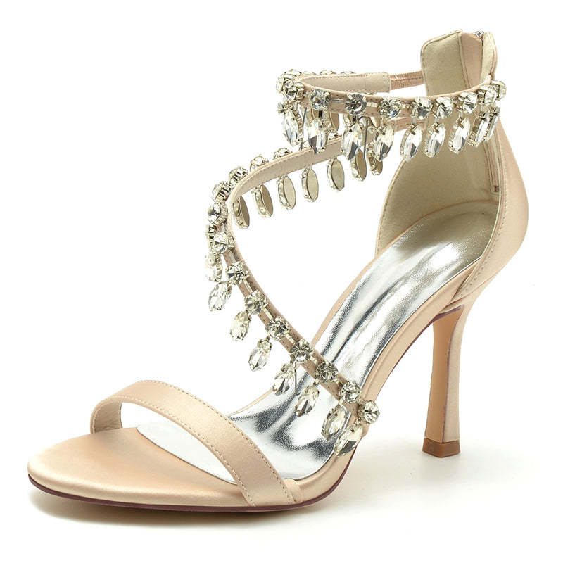 Bridal Shoes for Women with Open Toe Crossed Straps and Rhinestone Buckle Pendants