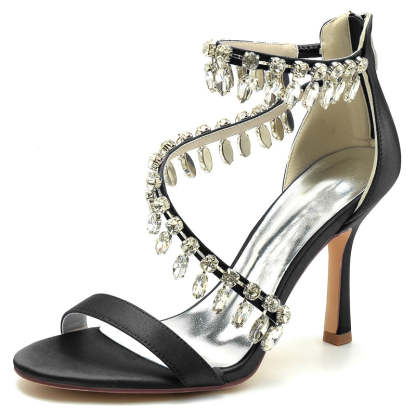 Bridal Shoes for Women with Open Toe Crossed Straps and Rhinestone Buckle Pendants