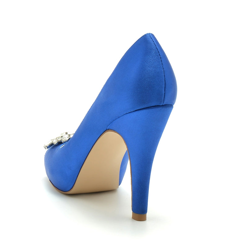 Black Thick-Sole High-Heel Wedding Shoes for Women with Rhinestone Details