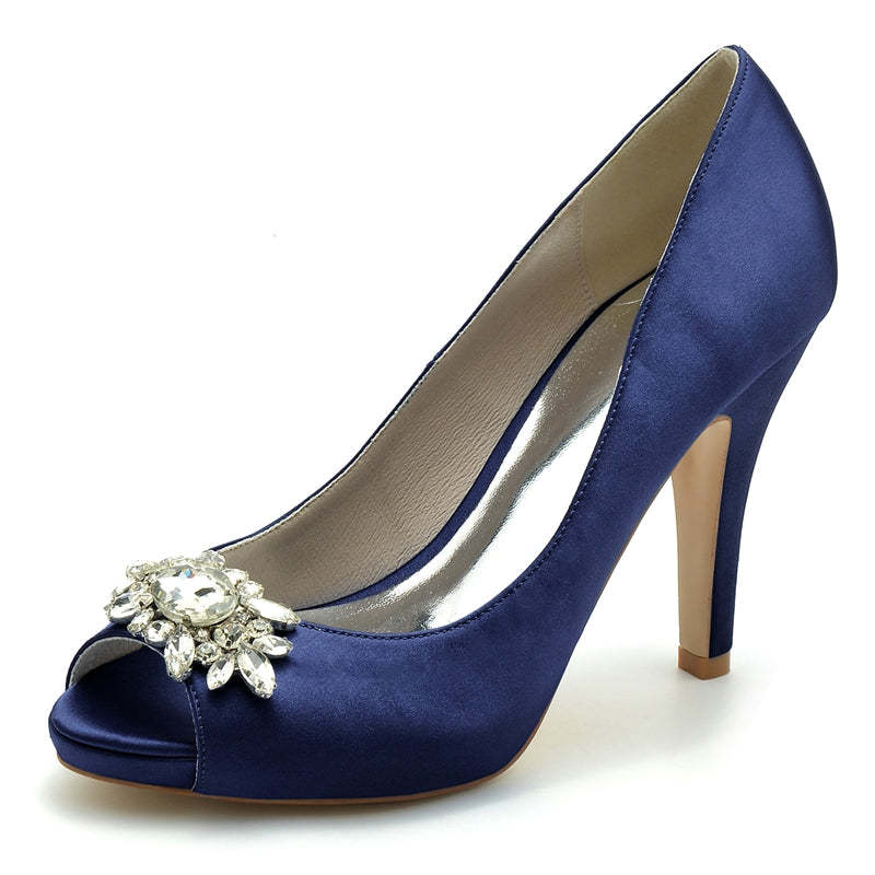 Black Thick-Sole High-Heel Wedding Shoes for Women with Rhinestone Details