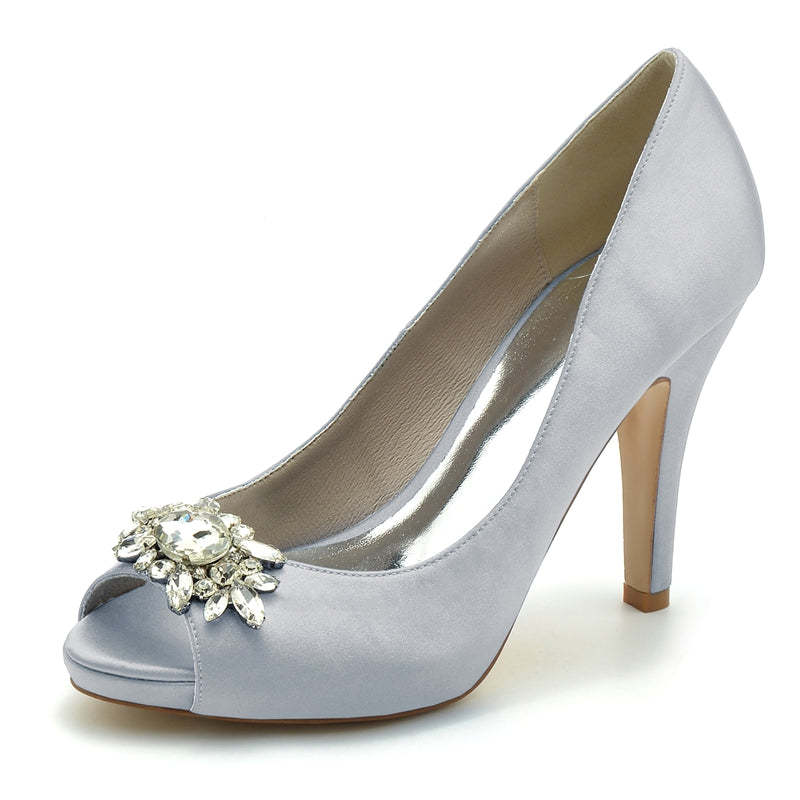 Black Thick-Sole High-Heel Wedding Shoes for Women with Rhinestone Details