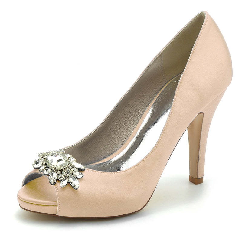 Black Thick-Sole High-Heel Wedding Shoes for Women with Rhinestone Details