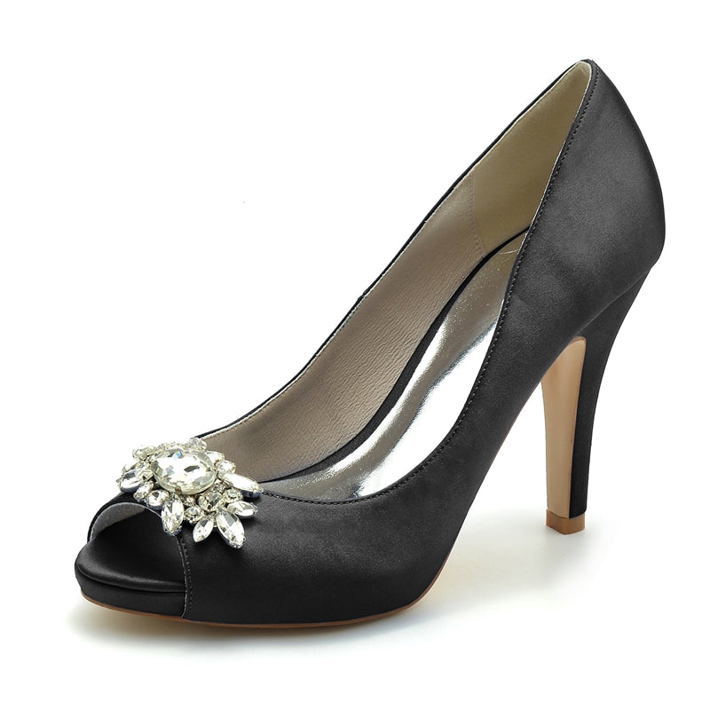 Black Thick-Sole High-Heel Wedding Shoes for Women with Rhinestone Details
