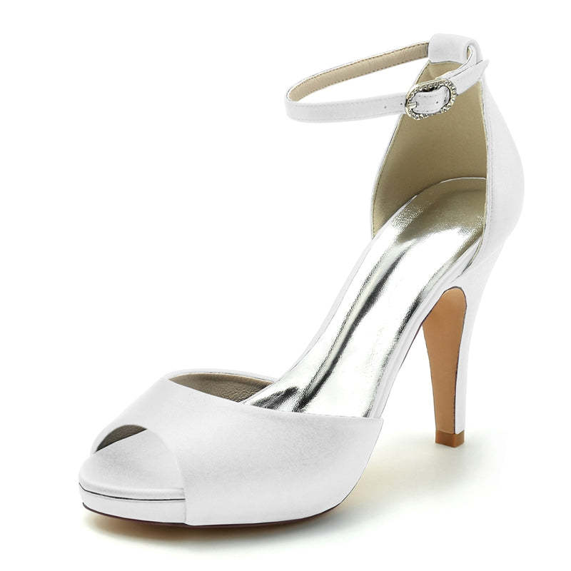 Bridal Heels for Women with Thick Soles and Peep Toe Buckle Design