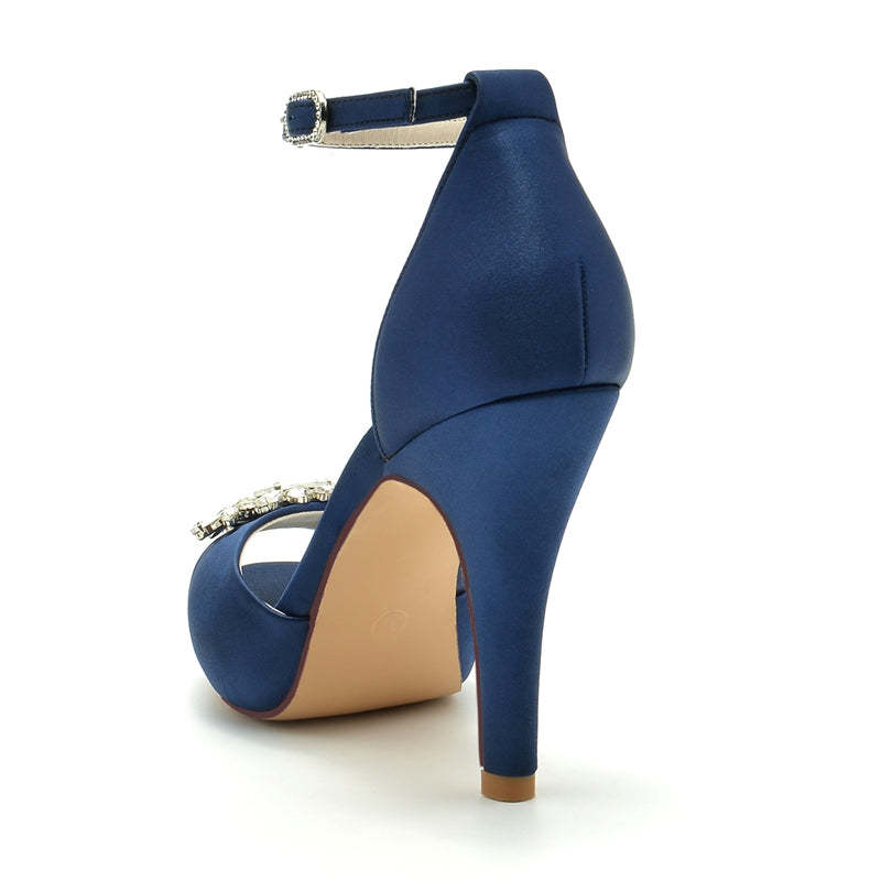 Bridal Shoes for Women with Rhinestone Buckle Peep Toe and Thick Sole Stiletto Heel