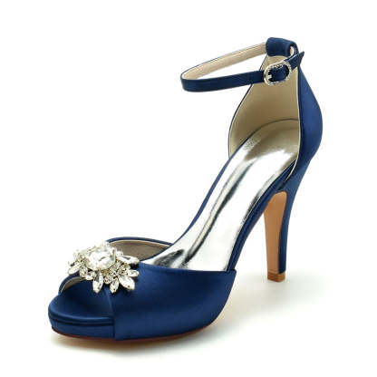 Bridal Shoes for Women with Rhinestone Buckle Peep Toe and Thick Sole Stiletto Heel