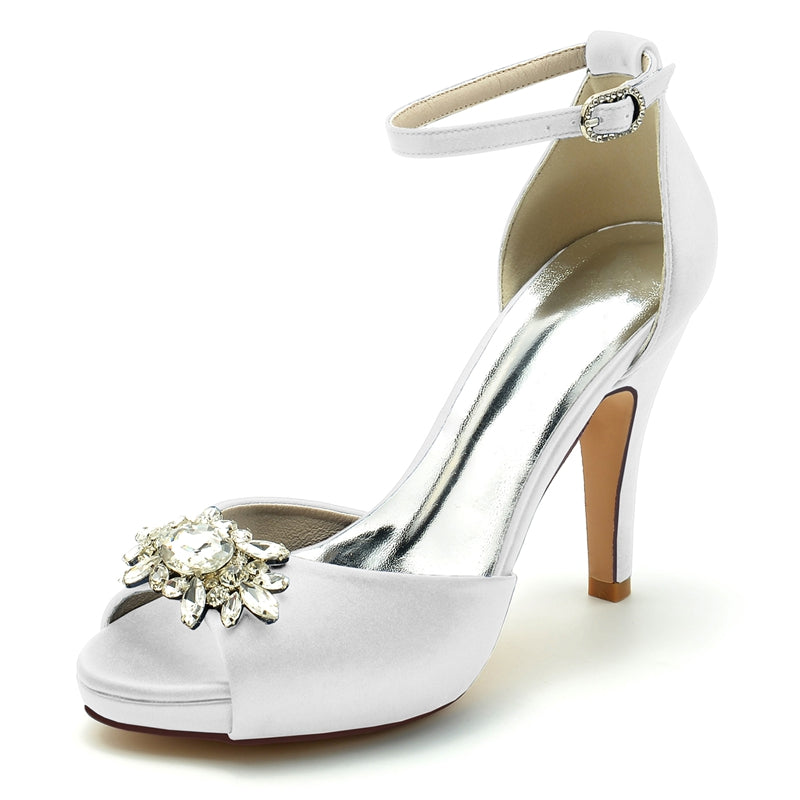 Bridal Shoes for Women with Rhinestone Buckle Peep Toe and Thick Sole Stiletto Heel