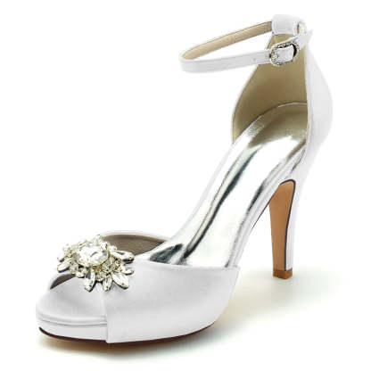 Bridal Shoes for Women with Rhinestone Buckle Peep Toe and Thick Sole Stiletto Heel