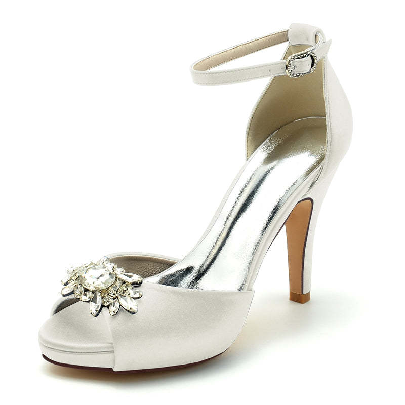 Bridal Shoes for Women with Rhinestone Buckle Peep Toe and Thick Sole Stiletto Heel