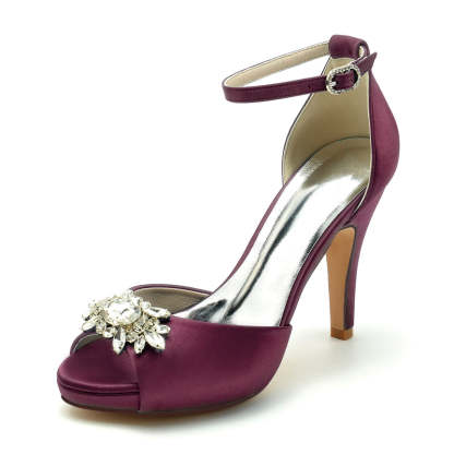 Bridal Shoes for Women with Rhinestone Buckle Peep Toe and Thick Sole Stiletto Heel