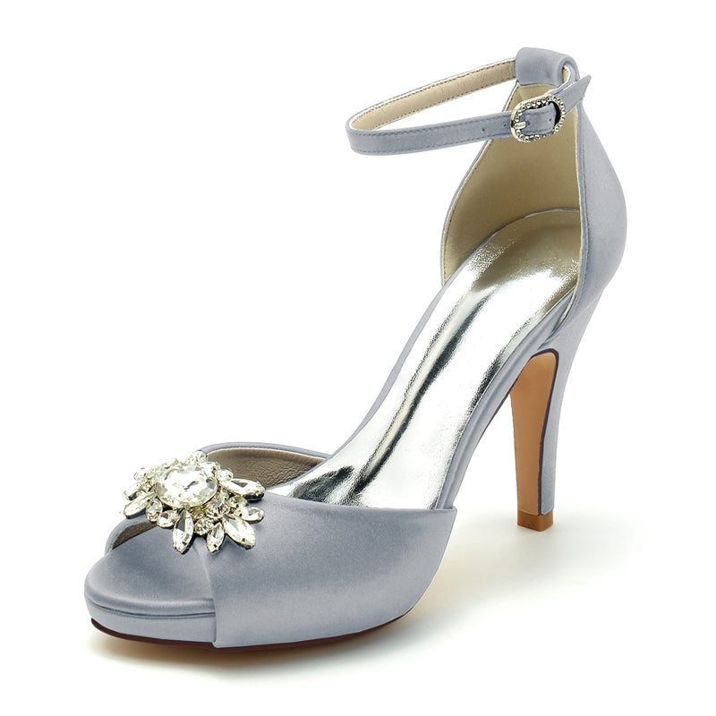 Bridal Shoes for Women with Rhinestone Buckle Peep Toe and Thick Sole Stiletto Heel