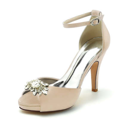Bridal Shoes for Women with Rhinestone Buckle Peep Toe and Thick Sole Stiletto Heel