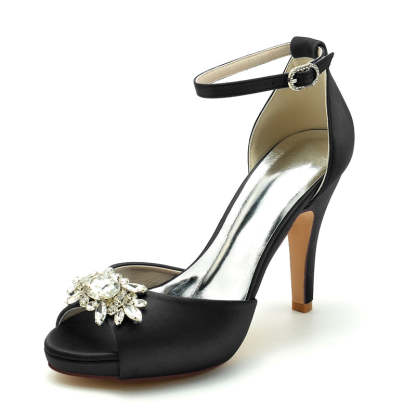 Bridal Shoes for Women with Rhinestone Buckle Peep Toe and Thick Sole Stiletto Heel