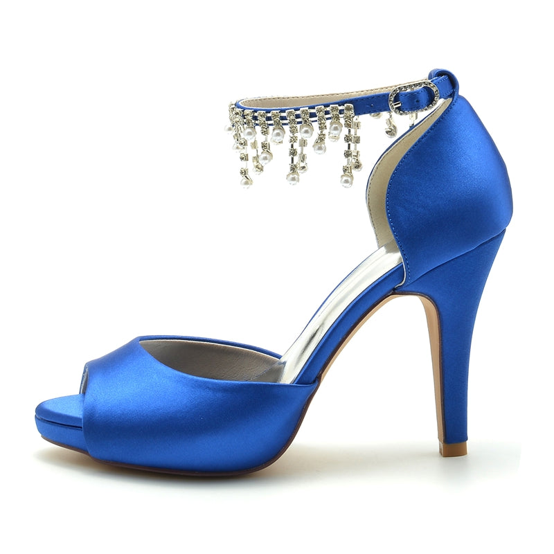 Black Peep Toe Bridal Shoes for Women with Thick Sole Buckle and Pearl Tassel